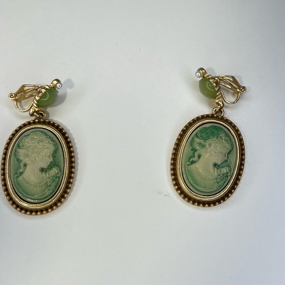 Gold Tone Green Cameo Clip-On Earrings